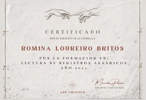 Certificado de la formación en Lectura de Registros Akáshicos, ADN Crístico, año 2021