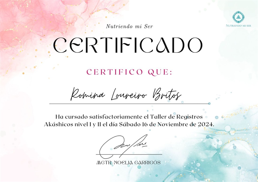 Certificado del Taller de Registros Akáshicos niveles I y II, Nutriendo mi Ser, noviembre de 2024