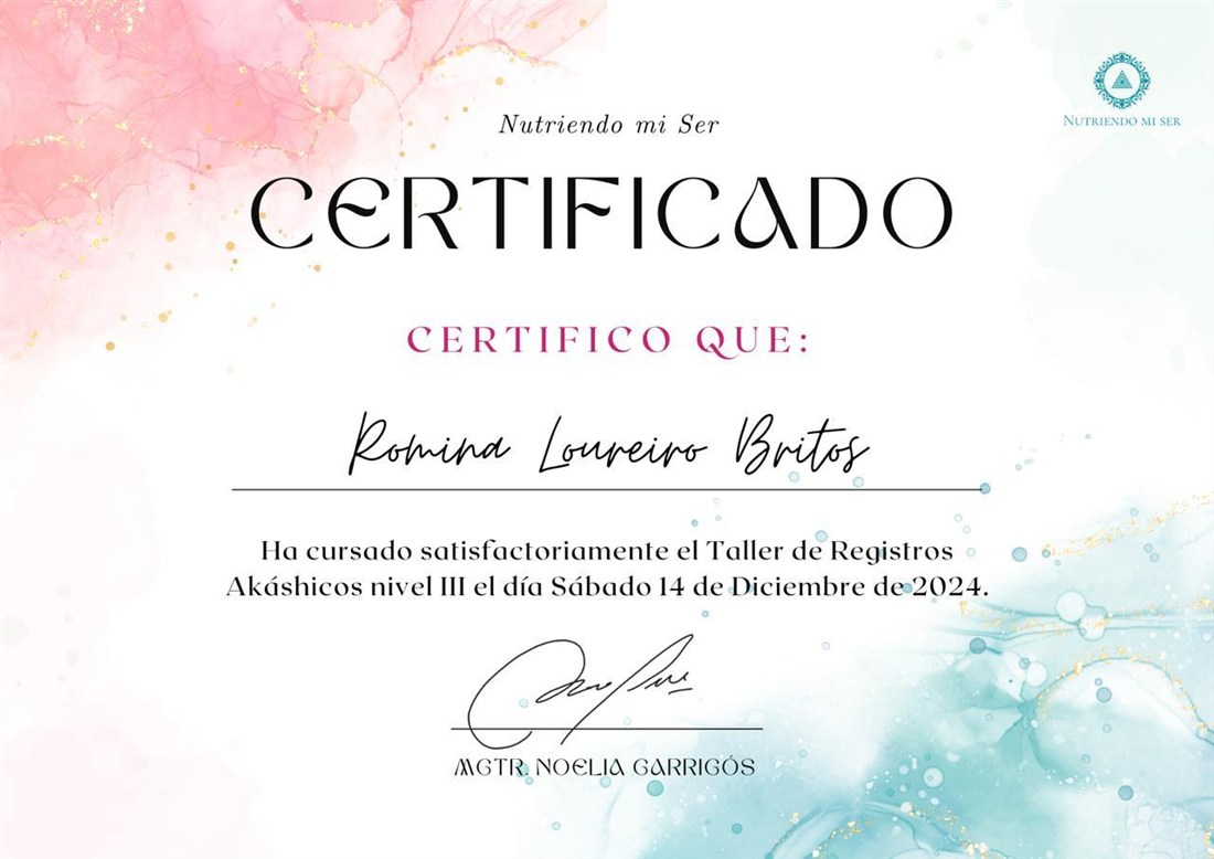 Certificado del Taller de Registros Akáshicos nivel III, Nutriendo mi Ser, diciembre de 2024