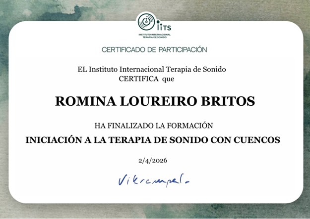 Certificado de Iniciación a la Terapia de Sonido con Cuencos, Instituto Internacional Terapia de Sonido, abril de 2026